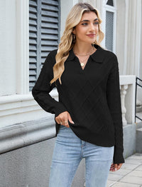 ZAFUL Womens Cable Knit Sweater Classic Lapel Collar Sweater Tops Ladies Soft Fit Casual Chunky Long Sleeve Pullover Sweaters - 7DAY'S