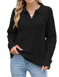 ZAFUL Womens Cable Knit Sweater Classic Lapel Collar Sweater Tops Ladies Soft Fit Casual Chunky Long Sleeve Pullover Sweaters - 7DAY'S