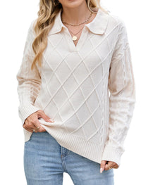 ZAFUL Womens Cable Knit Sweater Classic Lapel Collar Sweater Tops Ladies Soft Fit Casual Chunky Long Sleeve Pullover Sweaters - 7DAY'S