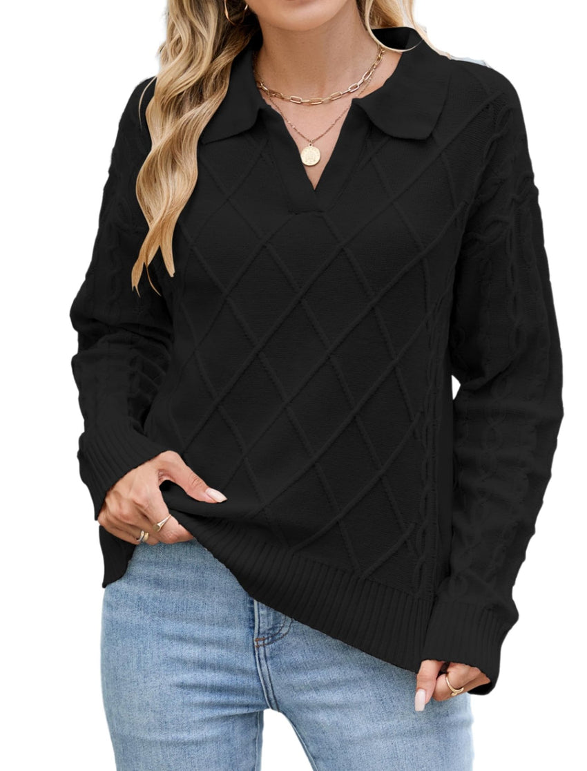 ZAFUL Womens Cable Knit Sweater Classic Lapel Collar Sweater Tops Ladies Soft Fit Casual Chunky Long Sleeve Pullover Sweaters - 7DAY'S