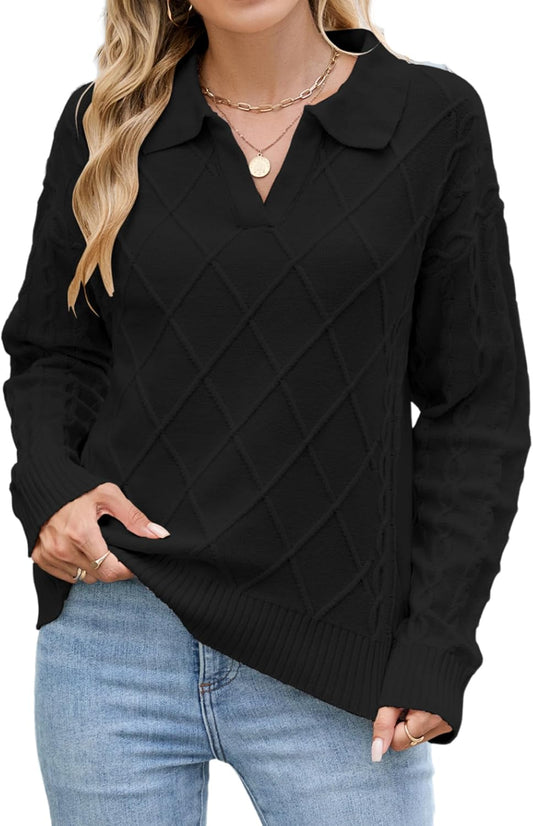 ZAFUL Womens Cable Knit Sweater Classic Lapel Collar Sweater Tops Ladies Soft Fit Casual Chunky Long Sleeve Pullover Sweaters - 7DAY'S