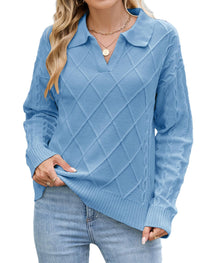 ZAFUL Womens Cable Knit Sweater Classic Lapel Collar Sweater Tops Ladies Soft Fit Casual Chunky Long Sleeve Pullover Sweaters - 7DAY'S