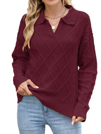 ZAFUL Womens Cable Knit Sweater Classic Lapel Collar Sweater Tops Ladies Soft Fit Casual Chunky Long Sleeve Pullover Sweaters - 7DAY'S
