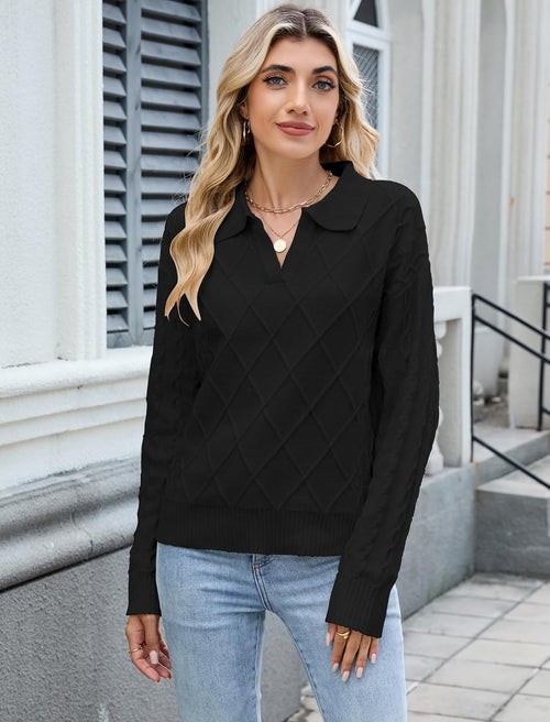 ZAFUL Womens Cable Knit Sweater Classic Lapel Collar Sweater Tops Ladies Soft Fit Casual Chunky Long Sleeve Pullover Sweaters - 7DAY'S