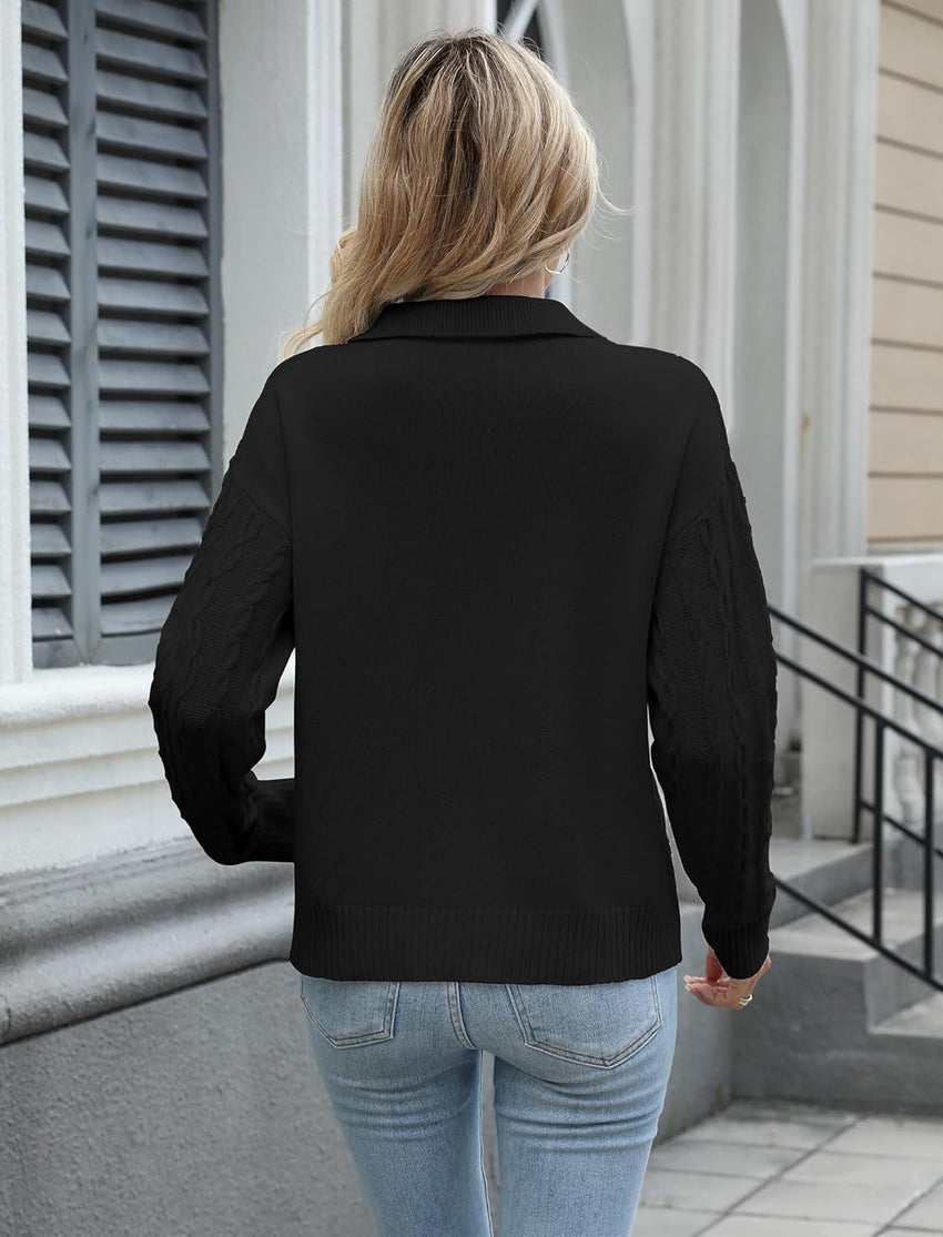 ZAFUL Womens Cable Knit Sweater Classic Lapel Collar Sweater Tops Ladies Soft Fit Casual Chunky Long Sleeve Pullover Sweaters - 7DAY'S