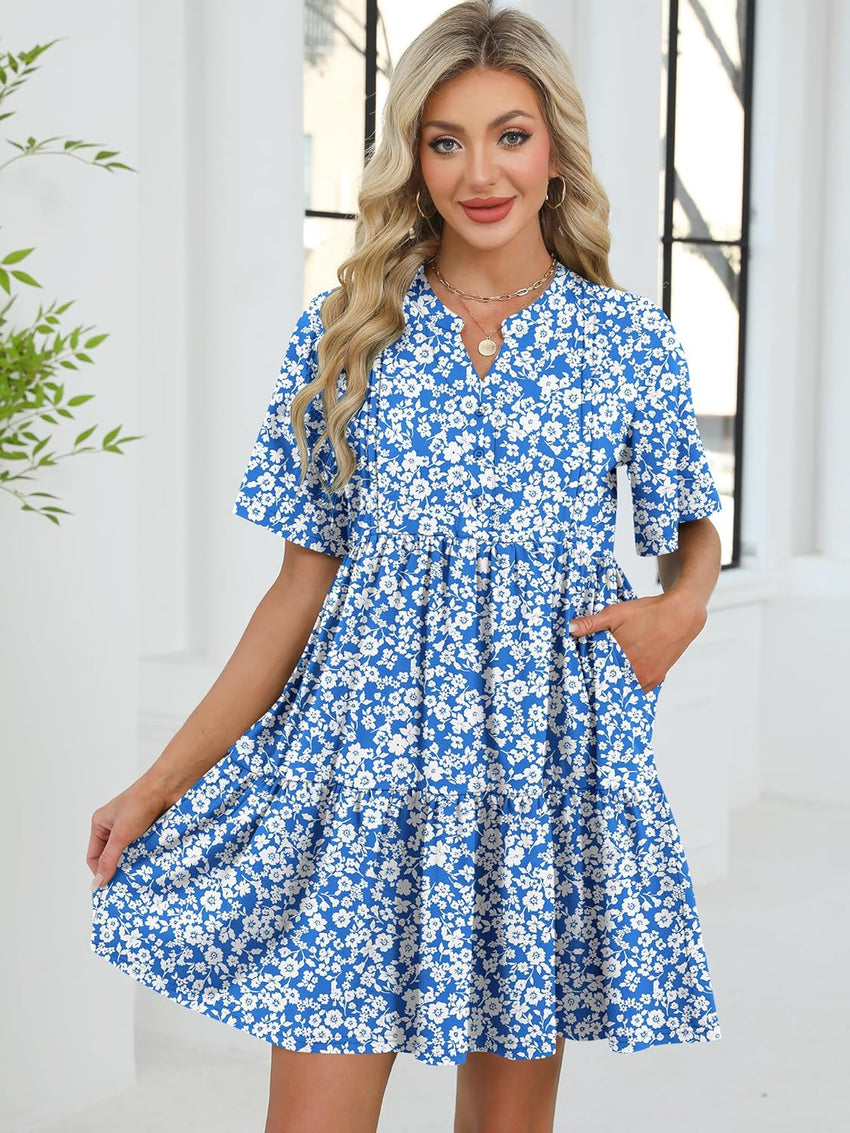 ZAFUL Women's Casual Dresses Floral Short Sleeves Mini Sundresses Blue Bohemian Beach Resort Wear Aline Flowy Dress with Pockets S - 7DAY'S
