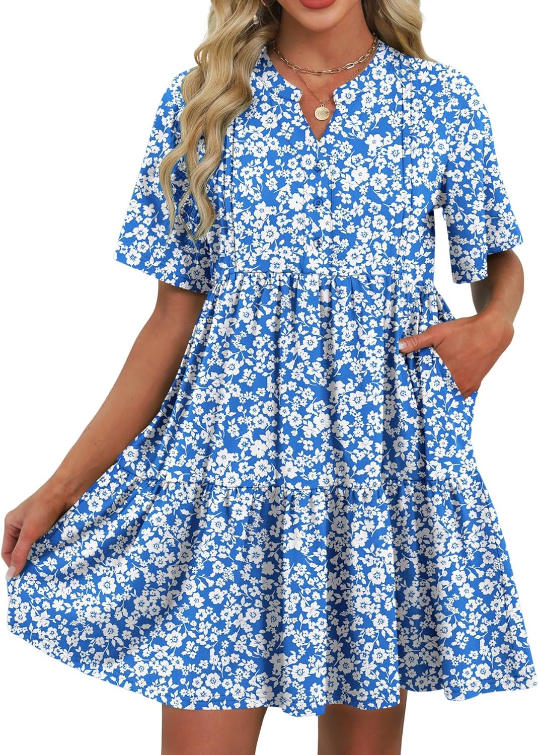 ZAFUL Women's Casual Dresses Floral Short Sleeves Mini Sundresses Blue Bohemian Beach Resort Wear Aline Flowy Dress with Pockets S - 7DAY'S
