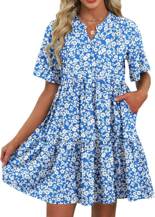 ZAFUL Women's Casual Dresses Floral Short Sleeves Mini Sundresses Blue Bohemian Beach Resort Wear Aline Flowy Dress with Pockets S