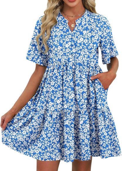 ZAFUL Women's Casual Dresses Floral Short Sleeves Mini Sundresses Blue Bohemian Beach Resort Wear Aline Flowy Dress with Pockets S - 7DAY'S