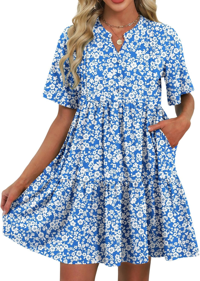 ZAFUL Women's Casual Dresses Floral Short Sleeves Mini Sundresses Blue Bohemian Beach Resort Wear Aline Flowy Dress with Pockets S - 7DAY'S