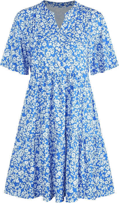ZAFUL Women's Casual Dresses Floral Short Sleeves Mini Sundresses Blue Bohemian Beach Resort Wear Aline Flowy Dress with Pockets S - 7DAY'S