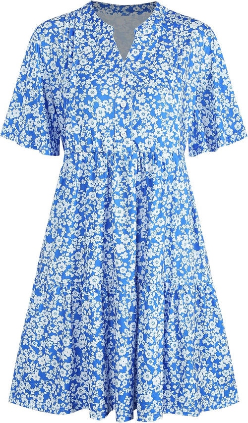 ZAFUL Women's Casual Dresses Floral Short Sleeves Mini Sundresses Blue Bohemian Beach Resort Wear Aline Flowy Dress with Pockets S - 7DAY'S