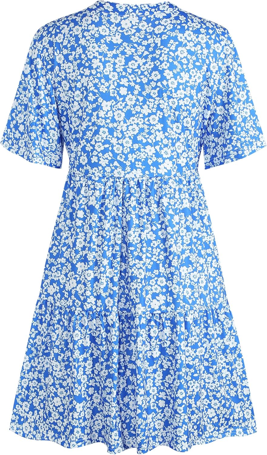 ZAFUL Women's Casual Dresses Floral Short Sleeves Mini Sundresses Blue Bohemian Beach Resort Wear Aline Flowy Dress with Pockets S - 7DAY'S