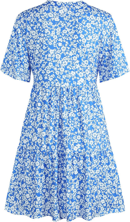 ZAFUL Women's Casual Dresses Floral Short Sleeves Mini Sundresses Blue Bohemian Beach Resort Wear Aline Flowy Dress with Pockets S - 7DAY'S