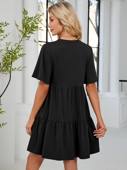 ZAFUL Women's Casual Dresses V Neck Short Sleeves Mini Sundresses Teens Black Flowy Work Funeral A - Line Skater Dress with Pockets S - 7DAY'S
