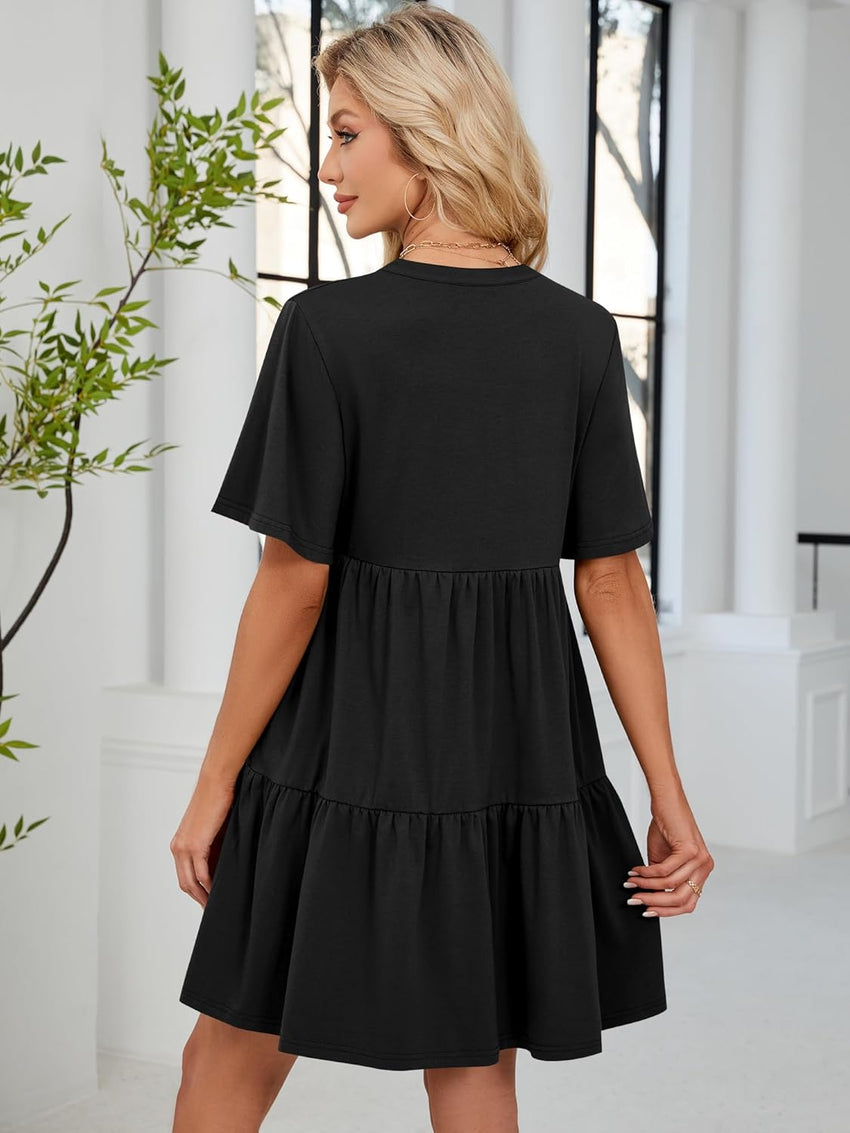 ZAFUL Women's Casual Dresses V Neck Short Sleeves Mini Sundresses Teens Black Flowy Work Funeral A - Line Skater Dress with Pockets S - 7DAY'S