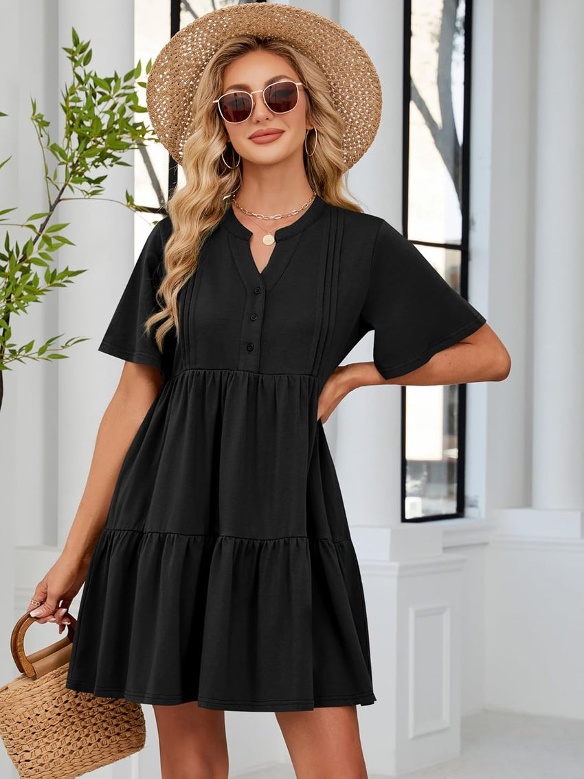ZAFUL Women's Casual Dresses V Neck Short Sleeves Mini Sundresses Teens Black Flowy Work Funeral A - Line Skater Dress with Pockets S - 7DAY'S