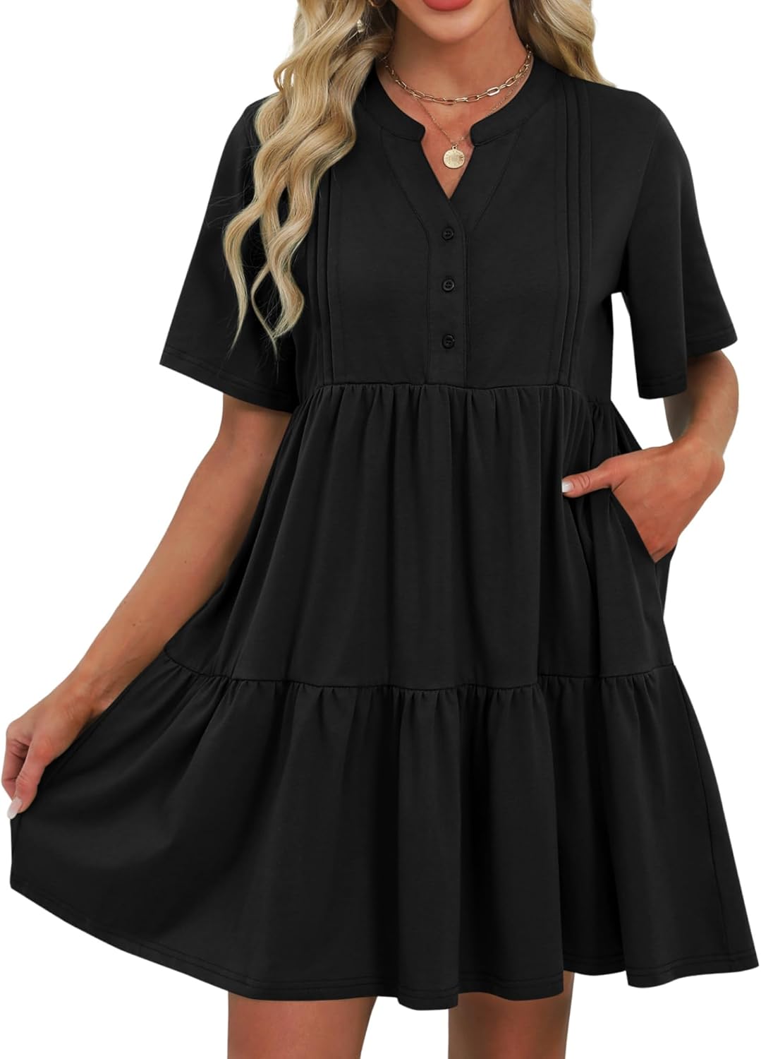 ZAFUL Women's Casual Dresses V Neck Short Sleeves Mini Sundresses Teens Black Flowy Work Funeral A - Line Skater Dress with Pockets S - 7DAY'S