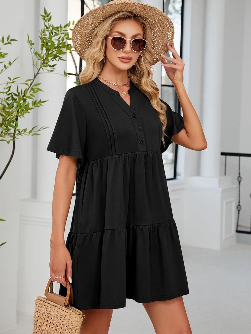 ZAFUL Women's Casual Dresses V Neck Short Sleeves Mini Sundresses Teens Black Flowy Work Funeral A - Line Skater Dress with Pockets S - 7DAY'S