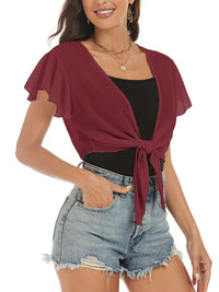 ZAFUL Women's Chiffon Cropped Bolero Sheer Shrugs for Dress Short Sleeve Tie Front Cardigan - 7DAY'S