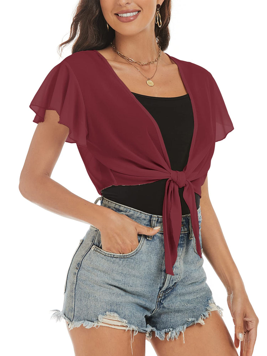 ZAFUL Women's Chiffon Cropped Bolero Sheer Shrugs for Dress Short Sleeve Tie Front Cardigan - 7DAY'S