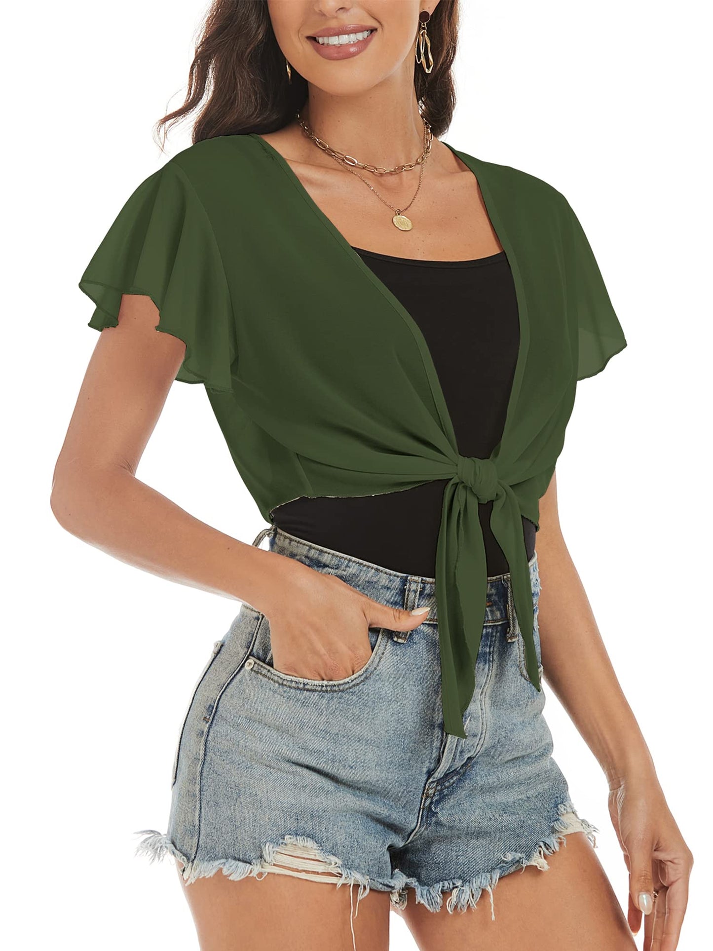 ZAFUL Women's Chiffon Cropped Bolero Sheer Shrugs for Dress Short Sleeve Tie Front Cardigan - 7DAY'S