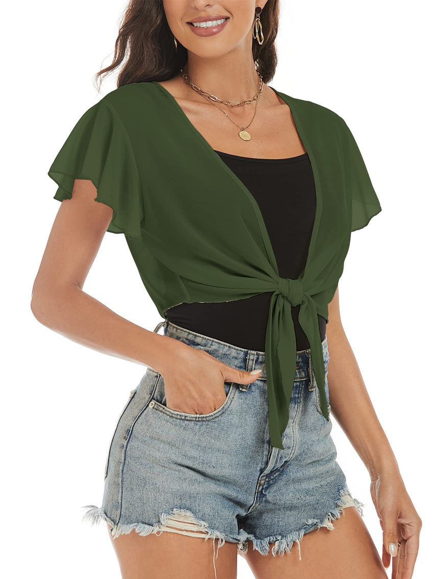 ZAFUL Women's Chiffon Cropped Bolero Sheer Shrugs for Dress Short Sleeve Tie Front Cardigan - 7DAY'S