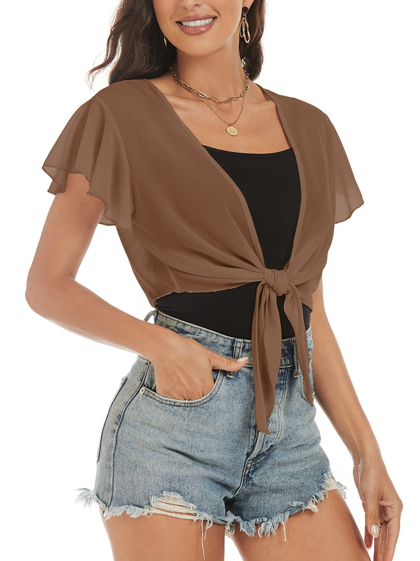 ZAFUL Women's Chiffon Cropped Bolero Sheer Shrugs for Dress Short Sleeve Tie Front Cardigan - 7DAY'S