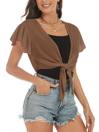 ZAFUL Women's Chiffon Cropped Bolero Sheer Shrugs for Dress Short Sleeve Tie Front Cardigan - 7DAY'S