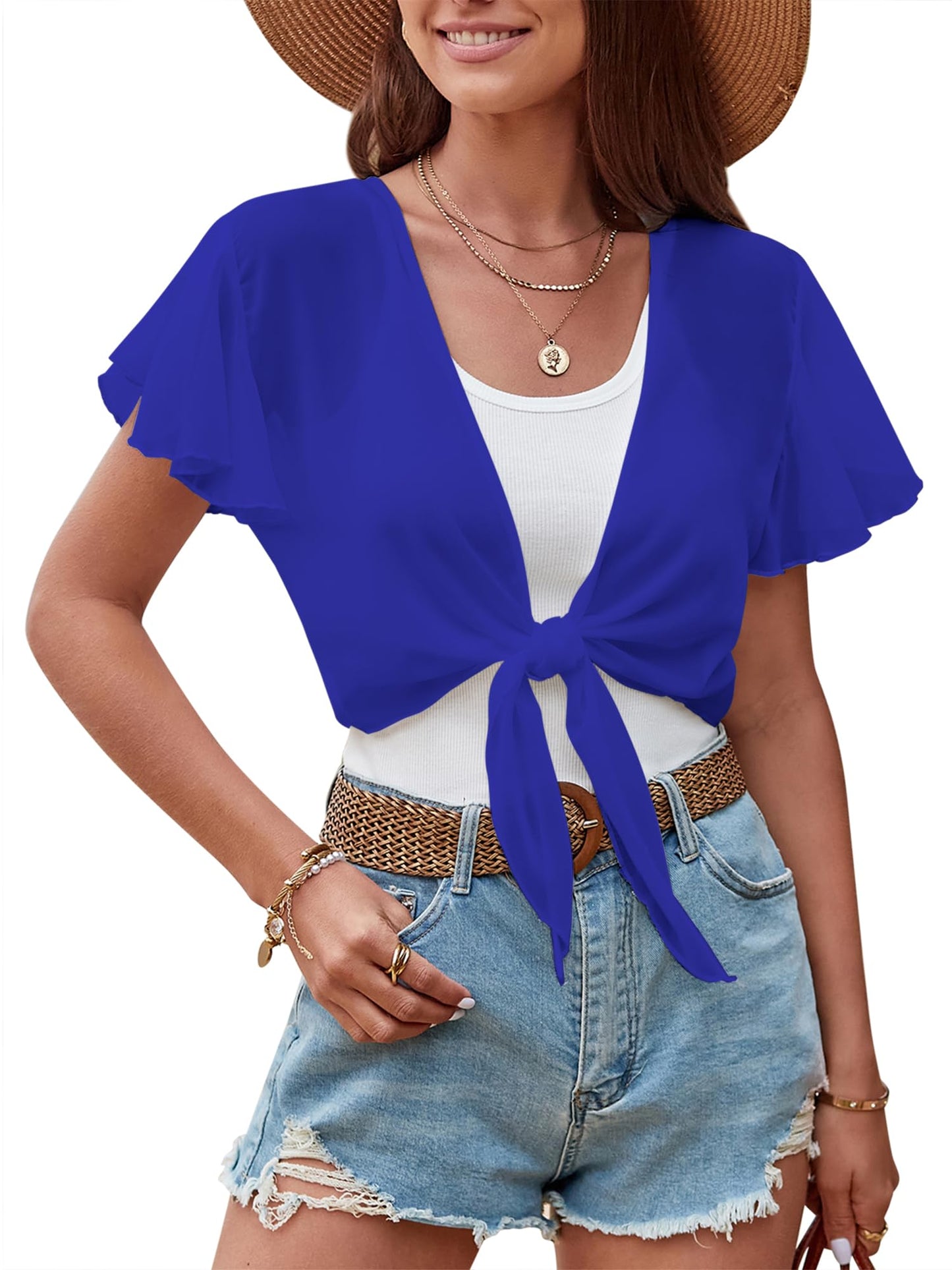 ZAFUL Women's Chiffon Cropped Bolero Sheer Shrugs for Dress Short Sleeve Tie Front Cardigan - 7DAY'S