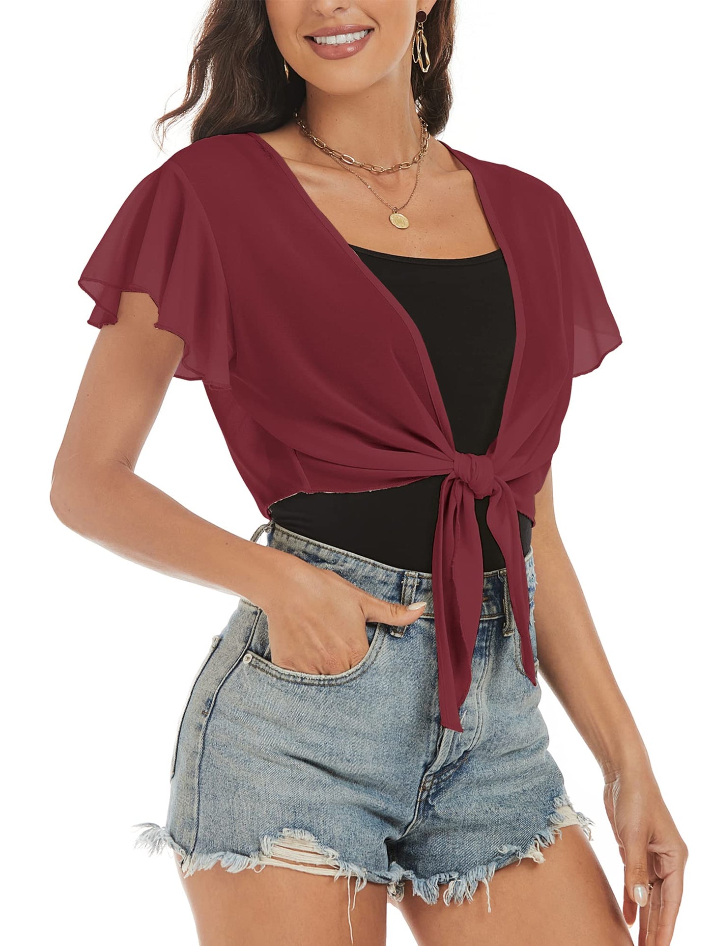 ZAFUL Women's Chiffon Cropped Bolero Sheer Shrugs for Dress Short Sleeve Tie Front Cardigan - 7DAY'S