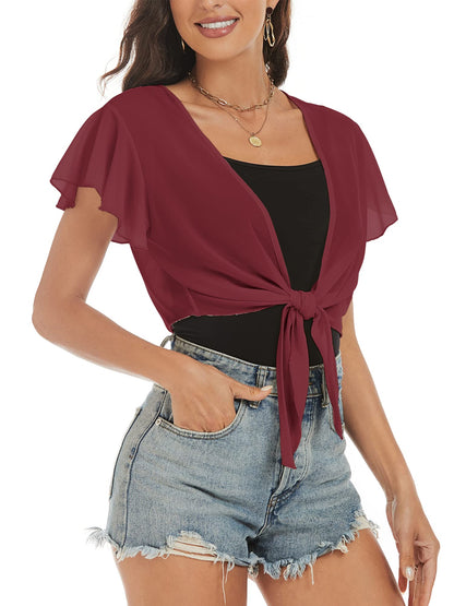 ZAFUL Women's Chiffon Cropped Bolero Sheer Shrugs for Dress Short Sleeve Tie Front Cardigan - 7DAY'S