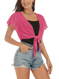 ZAFUL Women's Chiffon Cropped Bolero Sheer Shrugs for Dress Short Sleeve Tie Front Cardigan - 7DAY'S