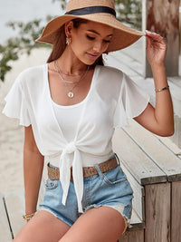 ZAFUL Women's Chiffon Cropped Bolero Sheer Shrugs for Dress Short Sleeve Tie Front Cardigan - 7DAY'S