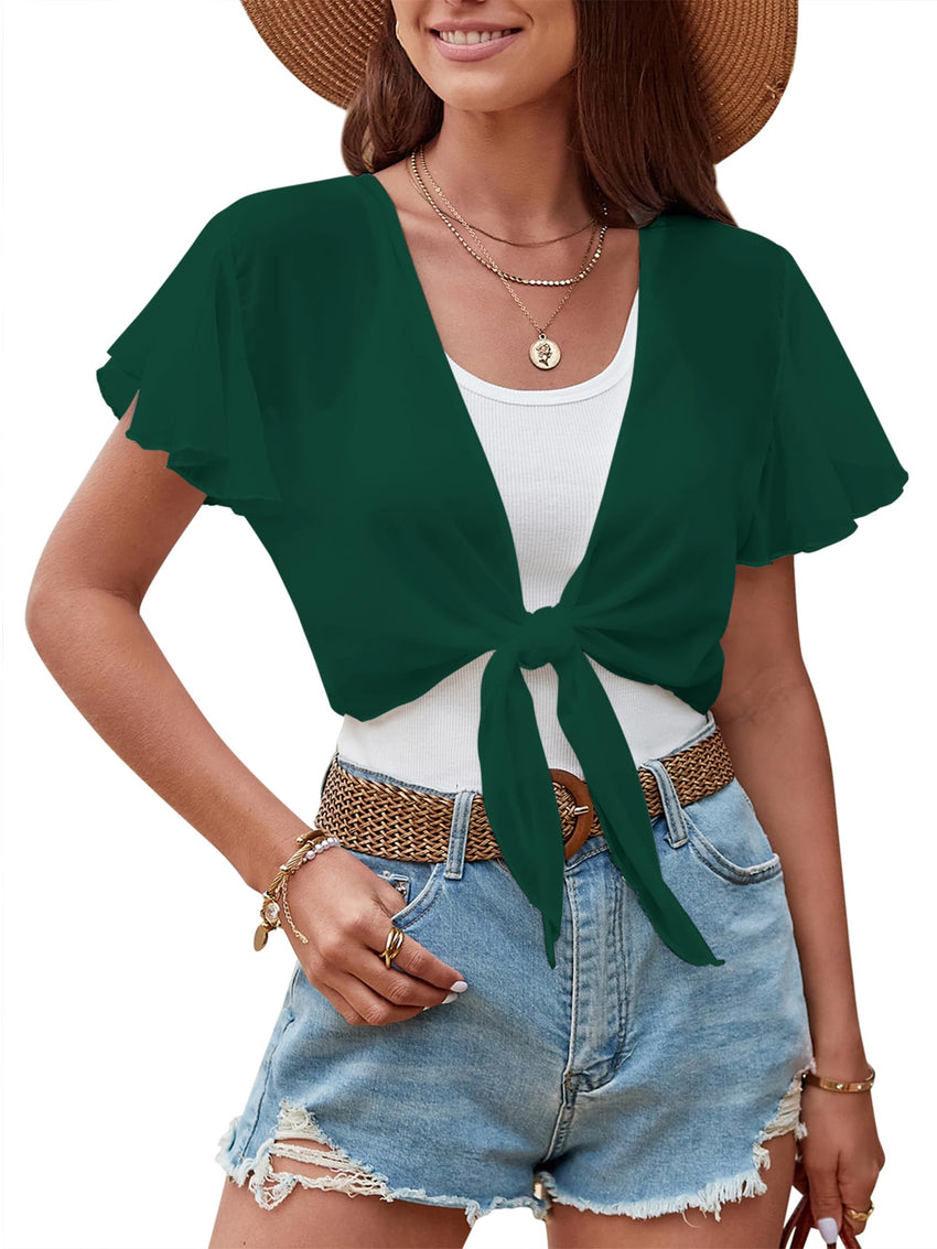 ZAFUL Women's Chiffon Cropped Bolero Sheer Shrugs for Dress Short Sleeve Tie Front Cardigan - 7DAY'S