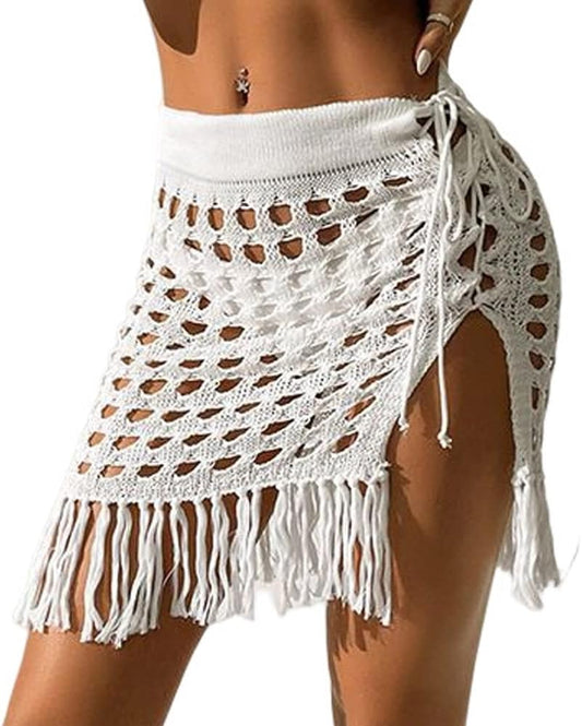 ZAFUL Women's Crochet Bikini Cover Up Skirt Tassel Knit Mini Beach Drawstring Side Swimsuit - 7DAY'S