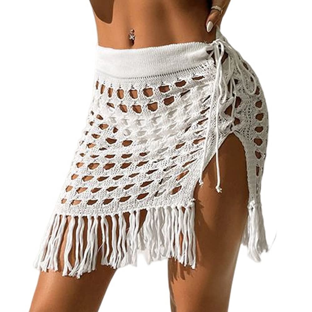 ZAFUL Women's Crochet Bikini Cover Up Skirt Tassel Knit Mini Beach Drawstring Side Swimsuit - 7DAY'S