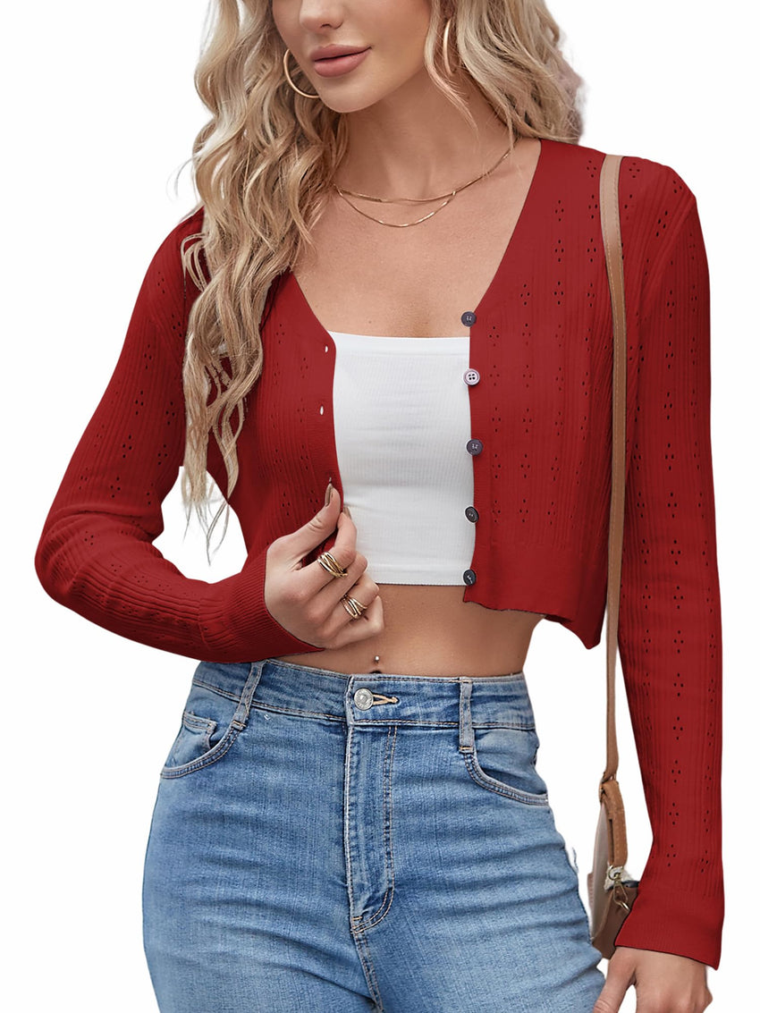 ZAFUL Women's Cropped Bolero Long Sleeve Knit Cardigan V Neck Button Down Shurg for Dress - 7DAY'S