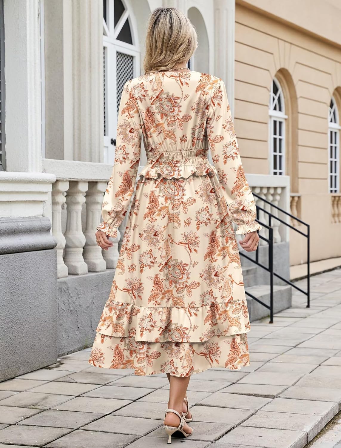 ZAFUL Womens Fall 2025 Casual Floral Maxi Dress Puff Long Sleeve V Neck Smocked Elastic Waist Flowy A line Dress Pockets - 7DAY'S