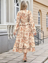 ZAFUL Womens Fall 2025 Casual Floral Maxi Dress Puff Long Sleeve V Neck Smocked Elastic Waist Flowy A line Dress Pockets - 7DAY'S