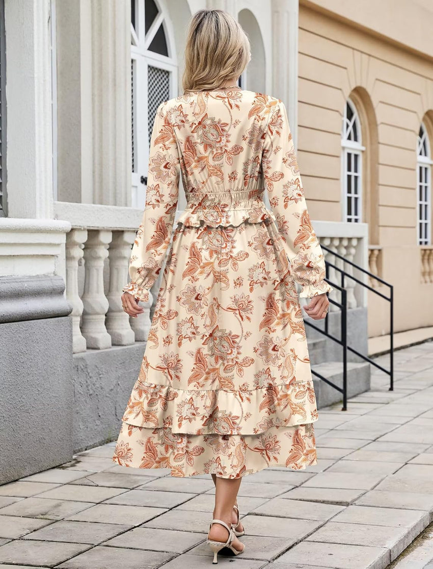 ZAFUL Womens Fall 2025 Casual Floral Maxi Dress Puff Long Sleeve V Neck Smocked Elastic Waist Flowy A line Dress Pockets - 7DAY'S