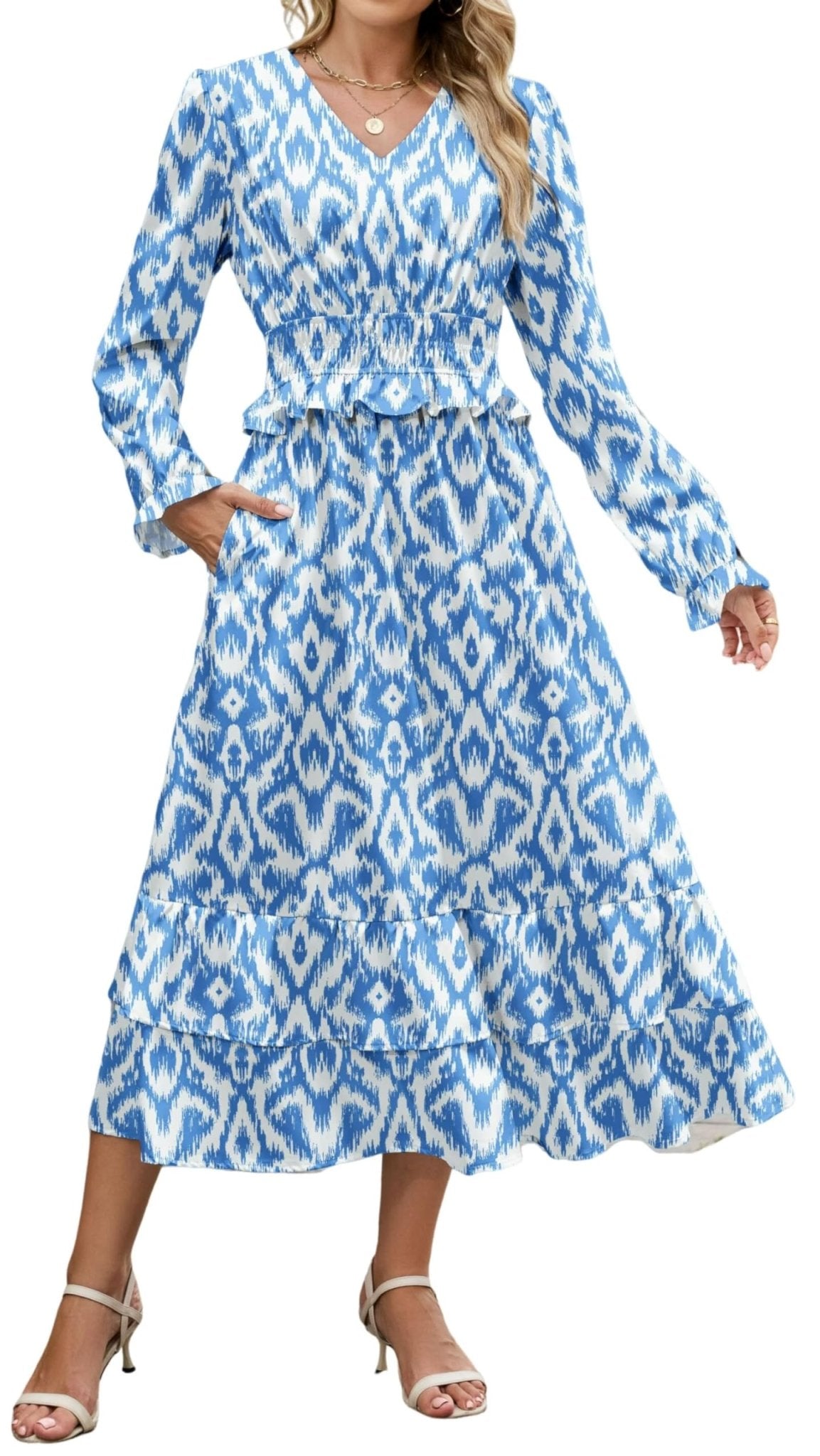 ZAFUL Womens Fall 2025 Casual Floral Maxi Dress Puff Long Sleeve V Neck Smocked Elastic Waist Flowy A line Dress Pockets - 7DAY'S