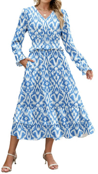 ZAFUL Womens Fall 2025 Casual Floral Maxi Dress Puff Long Sleeve V Neck Smocked Elastic Waist Flowy A line Dress Pockets - 7DAY'S