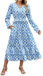 ZAFUL Womens Fall 2025 Casual Floral Maxi Dress Puff Long Sleeve V Neck Smocked Elastic Waist Flowy A line Dress Pockets - 7DAY'S