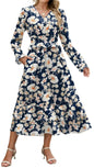 ZAFUL Womens Fall 2025 Casual Floral Maxi Dress Puff Long Sleeve V Neck Smocked Elastic Waist Flowy A line Dress Pockets - 7DAY'S