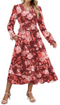 ZAFUL Womens Fall 2025 Casual Floral Maxi Dress Puff Long Sleeve V Neck Smocked Elastic Waist Flowy A line Dress Pockets - 7DAY'S
