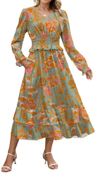 ZAFUL Womens Fall 2025 Casual Floral Maxi Dress Puff Long Sleeve V Neck Smocked Elastic Waist Flowy A line Dress Pockets - 7DAY'S