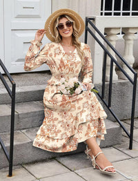 ZAFUL Womens Fall 2025 Casual Floral Maxi Dress Puff Long Sleeve V Neck Smocked Elastic Waist Flowy A line Dress Pockets - 7DAY'S