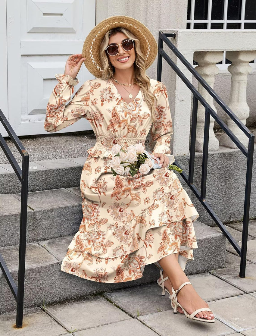 ZAFUL Womens Fall 2025 Casual Floral Maxi Dress Puff Long Sleeve V Neck Smocked Elastic Waist Flowy A line Dress Pockets - 7DAY'S