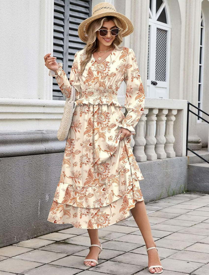 ZAFUL Womens Fall 2025 Casual Floral Maxi Dress Puff Long Sleeve V Neck Smocked Elastic Waist Flowy A line Dress Pockets - 7DAY'S